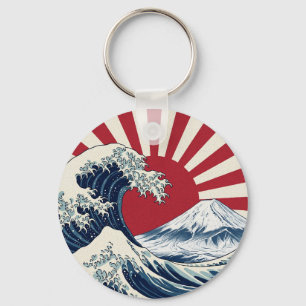 The Great Wave off Kanagawa & rising sun flag Keychain