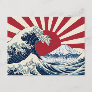 The Great Wave off Kanagawa & rising sun flag Postcard