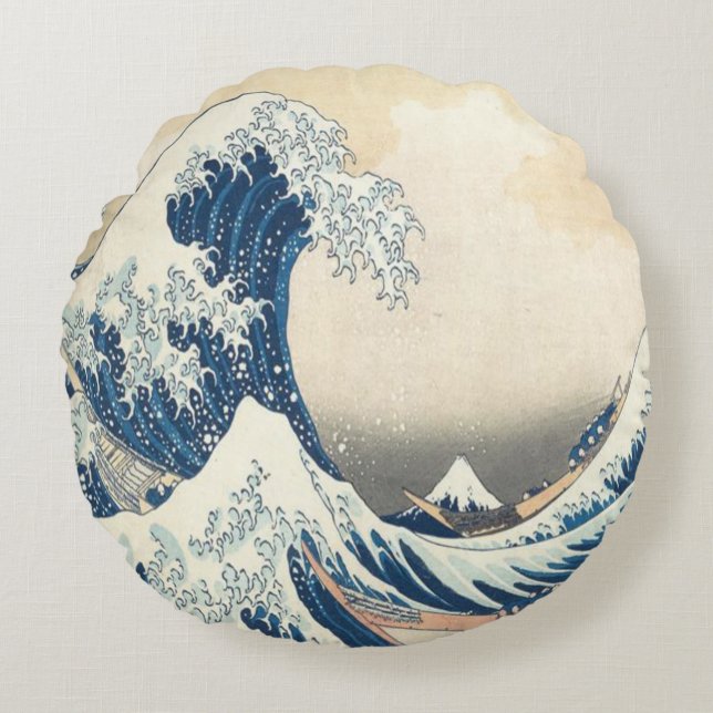 The Great Wave off Kanagawa Ukiyo-e Japanese Round Pillow (Front)