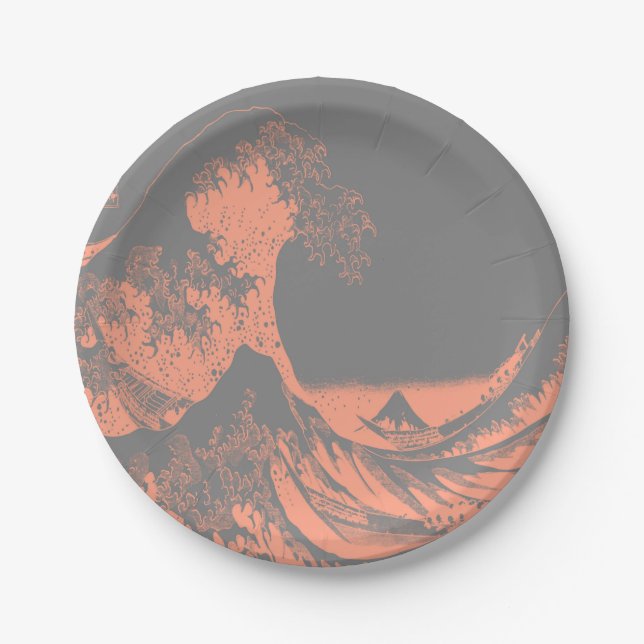 The Great Wave Paper Plates Peach & Grey (Front)