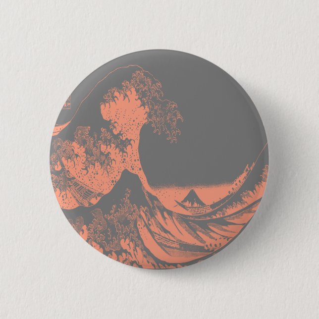The Great Wave Peach & Grey 2 Inch Round Button (Front)