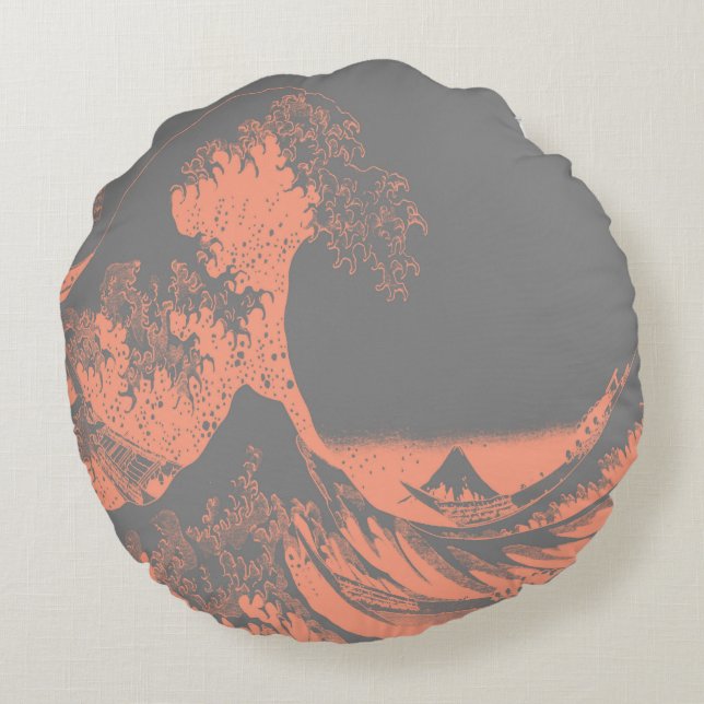 The Great Wave Round Pillow Peach & Grey (Back)