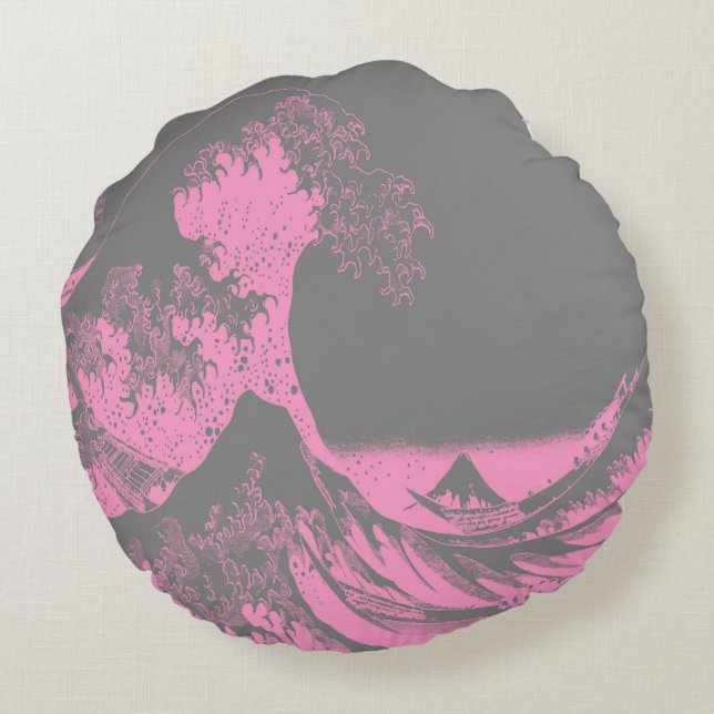 The Great Wave Round Pillow Pink & Grey (Back)