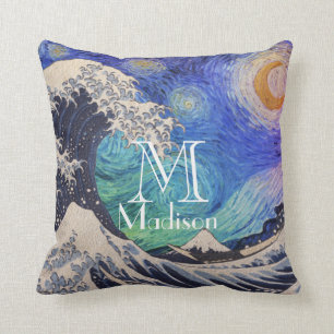 The Great Wave Starry Night Throw Pillow