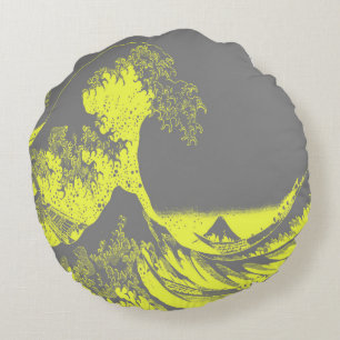 The Great Wave Yellow & Grey Round Pillow