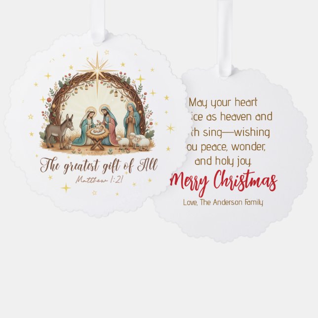 The Greatest Gift of All” Nativity  Ornament Card (Front/Back)