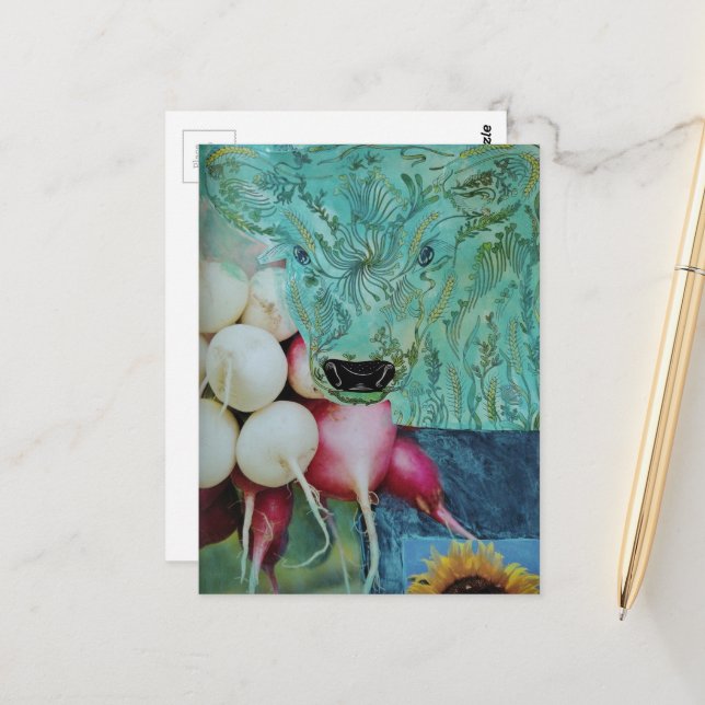 The Green Cow and Radish Collage Postcard (Front/Back In Situ)