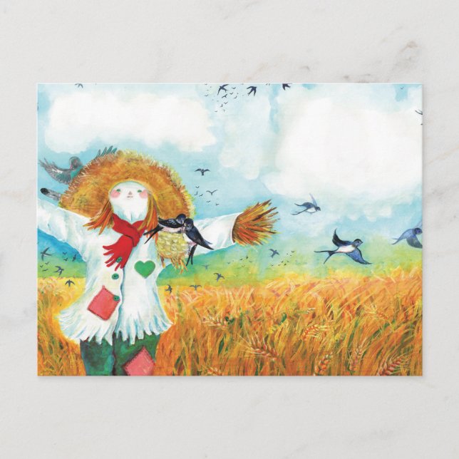 The Green Heart Scarecrow & Swallows Illustration Holiday Postcard (Front)