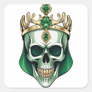 The Green King Skull with a Jewelled Crown Square Sticker