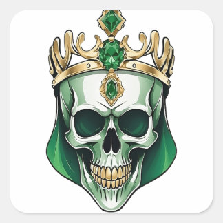 The Green King Skull with a Jewelled Crown Square Sticker