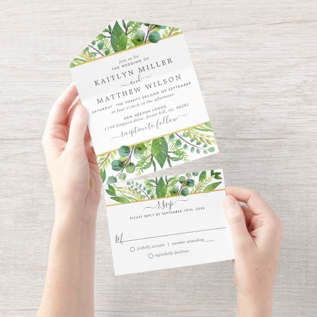 The Greenery & Gold Wedding Collection All In One Invitation (Tearaway)