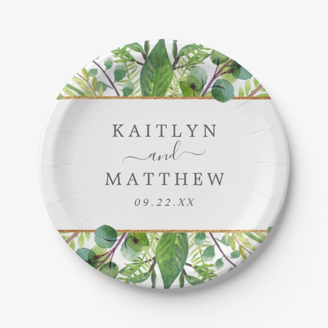 The Greenery & Gold Wedding Collection Paper Plate (Front)