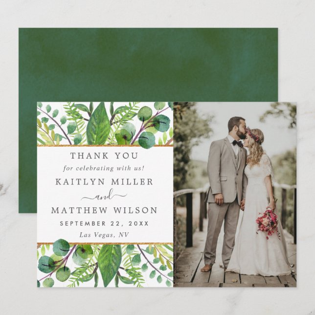 The Greenery & Gold Wedding Collection Photo Thank You Card (Front/Back)