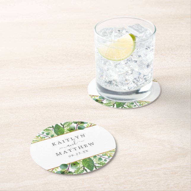 The Greenery & Gold Wedding Collection Round Paper Coaster (Insitu)