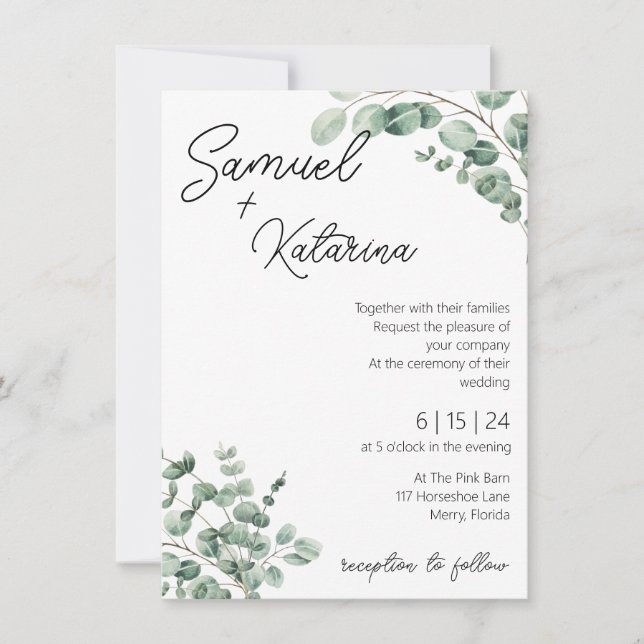 The Greenery Wedding Invitation with Details (Front)