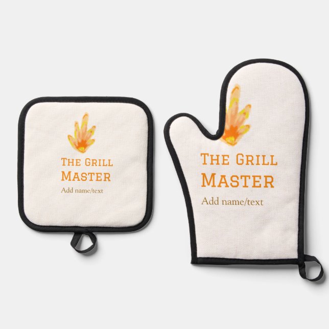 The grill master add name text cooking best yellow oven mitt & pot holder set (Front)