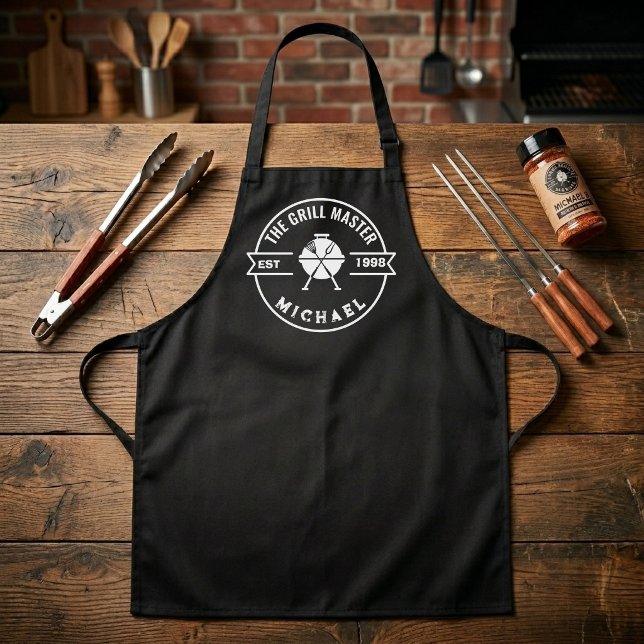 The Grill Master Established Year Custom Name  Apron (grill master aprons gift bbq men outdoor cooking barbecue grilling chef for him birthday fathers day)