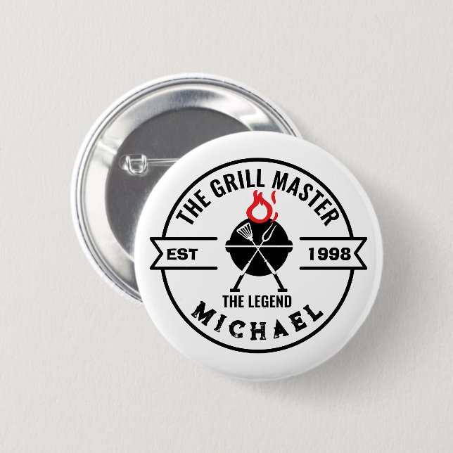 The Grill Master Established Year Name Flame 2 Inch Round Button (Front & Back)