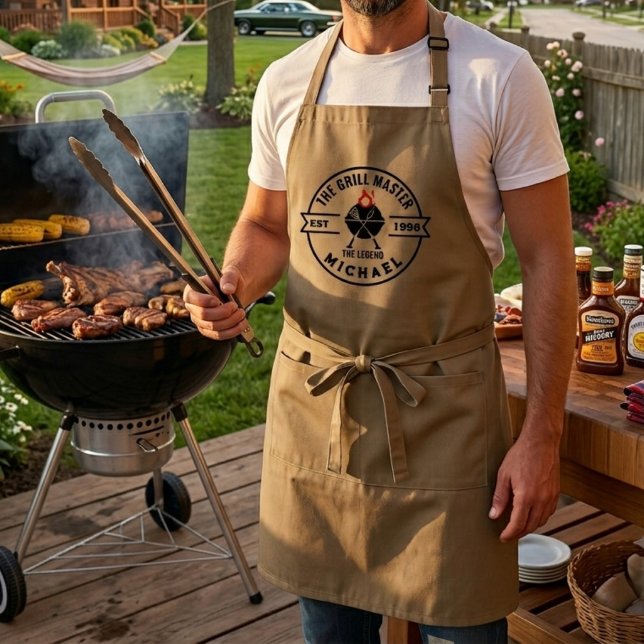 The Grill Master Established Year Name Flame Standard Apron (grilling aprons dad bbq birthday foodie  for him grillmaster cooking modern chef men fathers day )