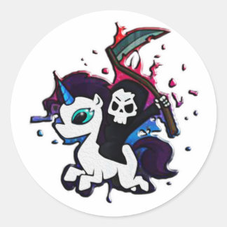 The grim reaper riding a unicorn classic round sticker