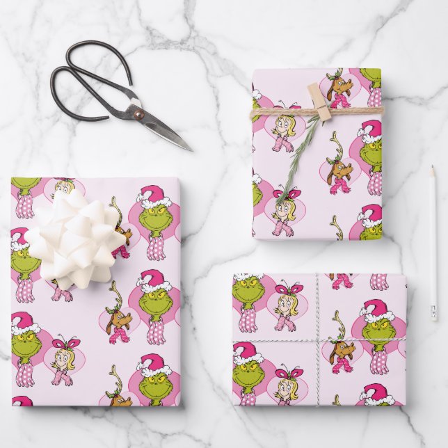 The Grinch Crew in Pink Valentine's Portrait Wrapping Paper Sheet (Front)