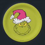 The Grinch in Pink Santa Hat Paper Plate<br><div class="desc">This fantastic, bold illustration is a close-up portrait of the Grinch in full mischievous mode! He has his signature sly grin and bright yellow eyes, but his look is updated with a large, fluffy Santa hat in a fun, unexpected pink/fuchsia color instead of the traditional red. This graphic is perfect...</div>