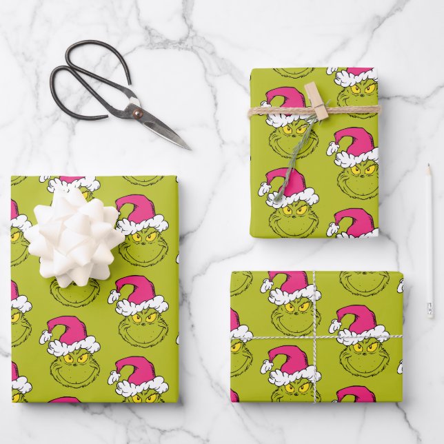 The Grinch in Pink Santa Hat Wrapping Paper Sheet (Front)