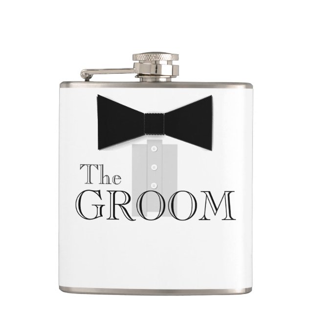 The Groom Bow Tie Tuxedo Hip Flask (Front)