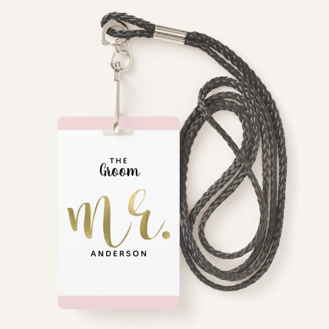 The Groom Mr. Gold Wedding Party VIP Pass Badge (Front with Lanyard)