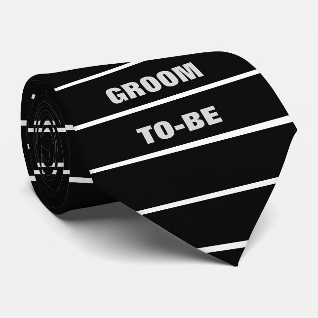 the GROOM TO-BE Text Bold Black and White Stripes Tie (Rolled)