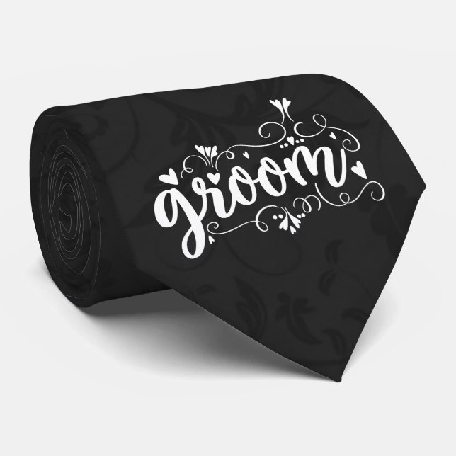 The Groom White Script Text on Charcoal Black Tie (Rolled)