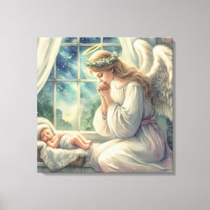 the guardian angel prays by the baby's cradle  canvas print