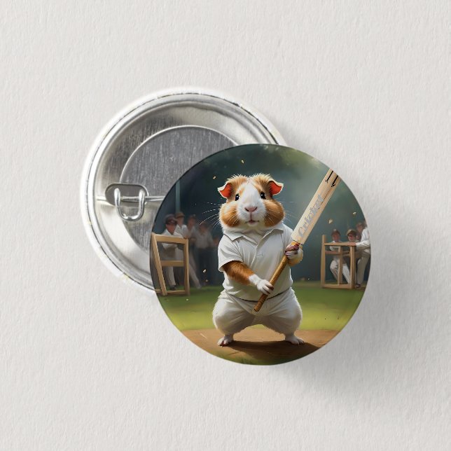 The Guinea Pig Cricketer: Dressed in Whites,  1 Inch Round Button (Front & Back)