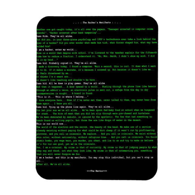 The Hacker's Manifesto Magnet (Vertical)