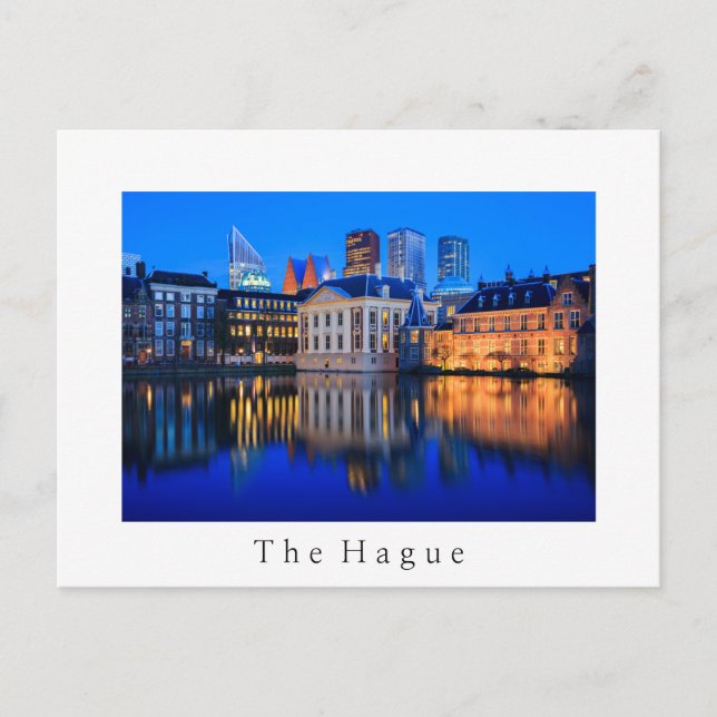 The Hague skyline at blue hour white postcard (Front)