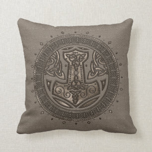 The hammer of Thor Beige Leather and gold Throw Pillow