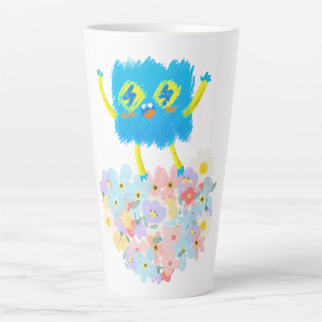 The Happy Blue Scribble on a Bed of Flowers Latte Mug (Front)