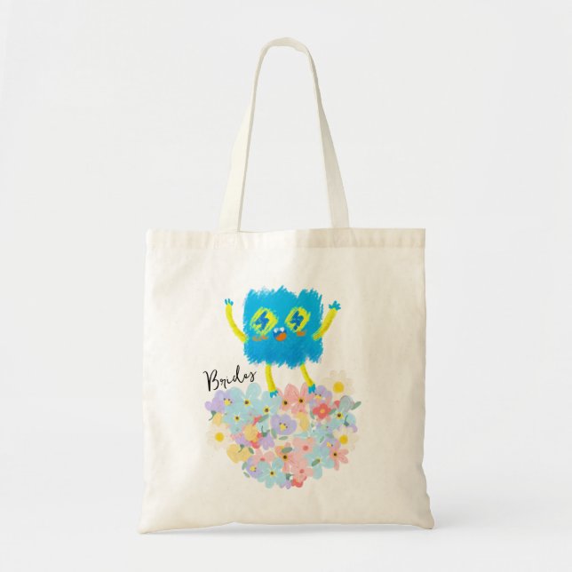The Happy Blue Scribble on a Bed of Flowers Tote Bag (Front)
