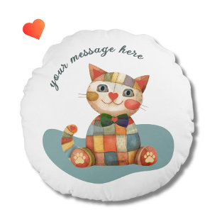 The Happy Cat Colourful Patchwork Unique Round Pillow