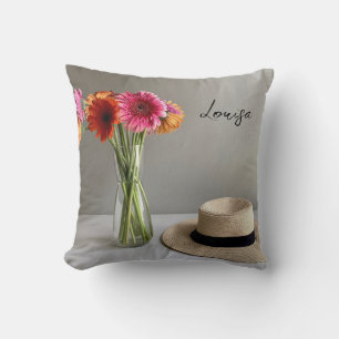 The Happy Gerbera Colorful Flower +Custom Name Throw Pillow