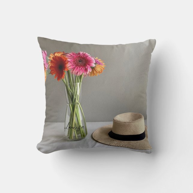 The Happy Gerbera Colourful Flower +Custom Name Throw Pillow (Front)