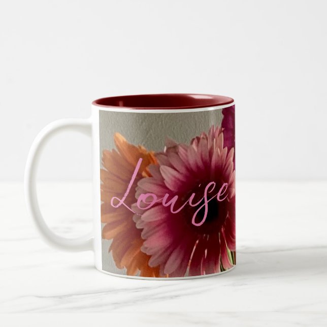The Happy Gerbera Colourful Flower +Custom Name Two-Tone Coffee Mug (Left)