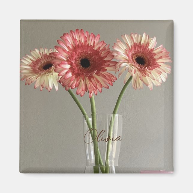 The Happy Gerbera Pink Flower Photo +Custom Name Magnet (Front)