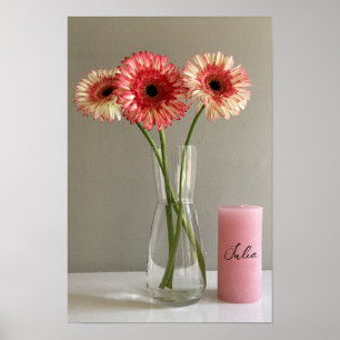 The Happy Gerbera Pink Flower Photo +Custom Name Poster