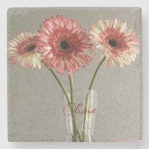 The Happy Gerbera Pink Flower Photo +Custom Name Stone Coaster