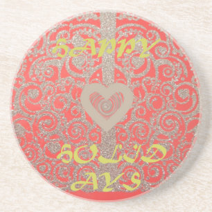 The Happy Holidays Heart Red and Gold Collection Coaster