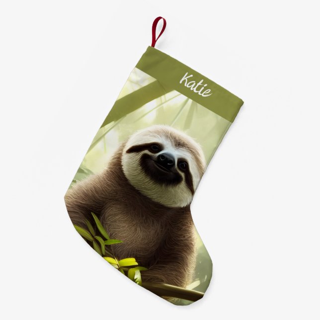 The Happy Sloth Digital Art Personalized  Small Christmas Stocking (Front (Hanging))