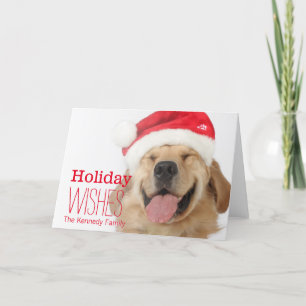 The head and goofy smile of a happy dog holiday card