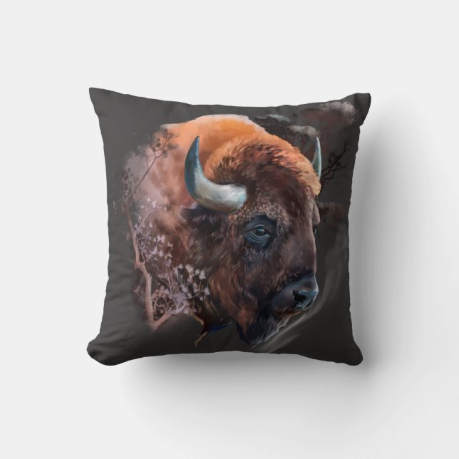 The head of a European bison Throw Pillow (Front)