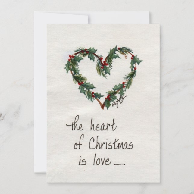 “The heart of Christmas is Love” Green Heart art   Holiday Card (Front)